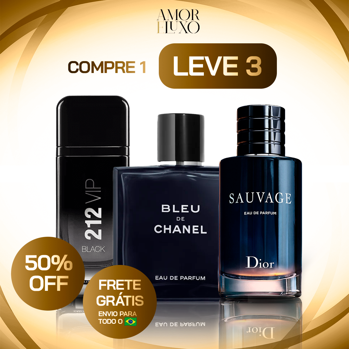 Kit - 3 Perfumes Masculinos Importados (100ml cada) - Sauvage Dior | Bleu de Chanel | 212 VIP Black [PROMOÇÃO MÊS DA INDEPENDÊNCIA]