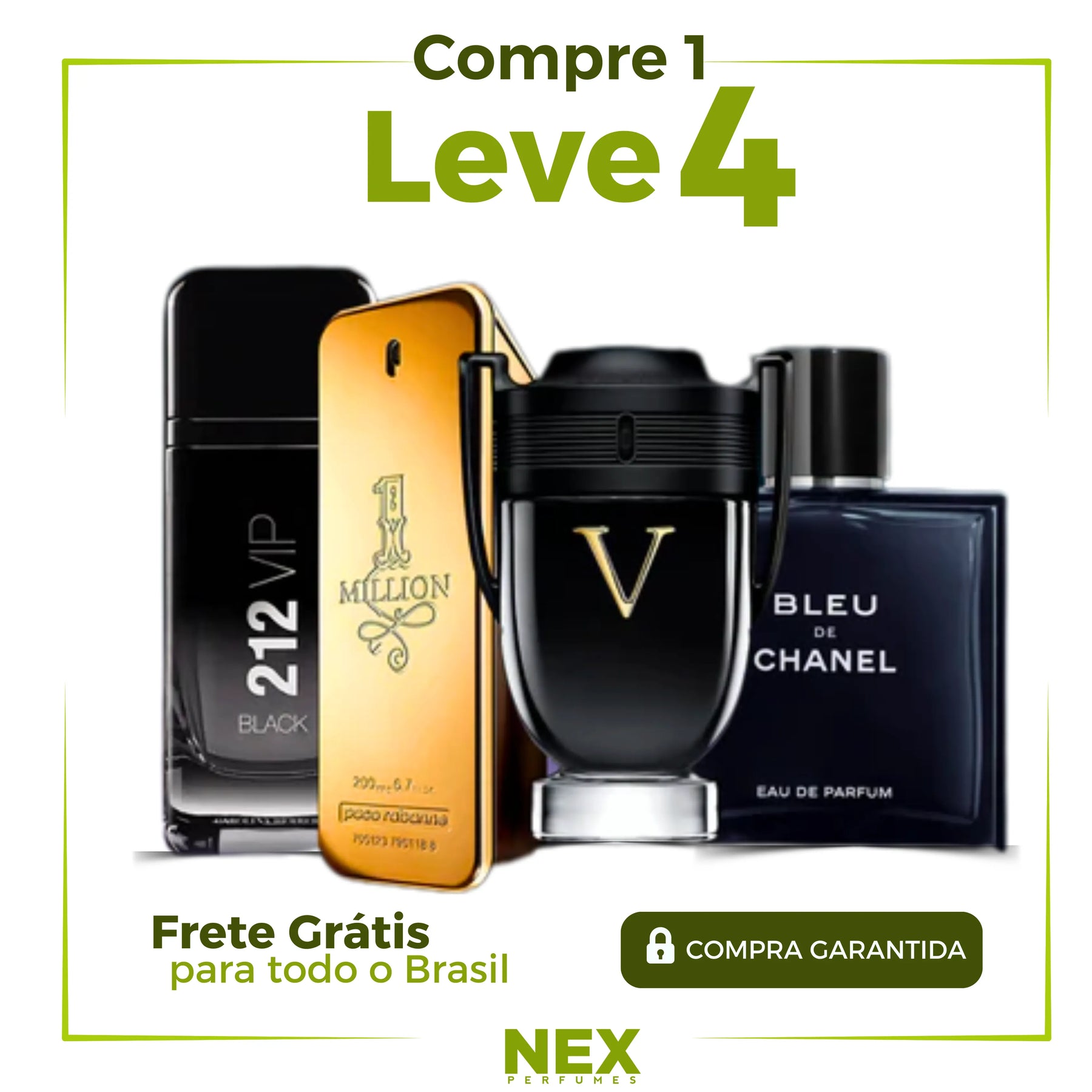 Kit 4 Perfumes Masculinos Importados (100ml cada um) - 1 million | 212 black | Invictus V| Bleu de Chanel